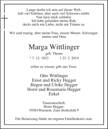 Traueranzeige von Marga Wittlinger