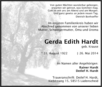 Traueranzeige von Gerda Edith Hardt