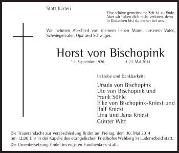 Traueranzeige von Horst von Bischopink