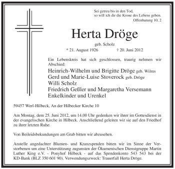Traueranzeige von Herta Dröge