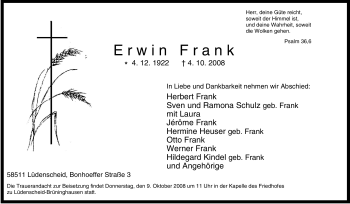 Traueranzeige von Erwin Frank