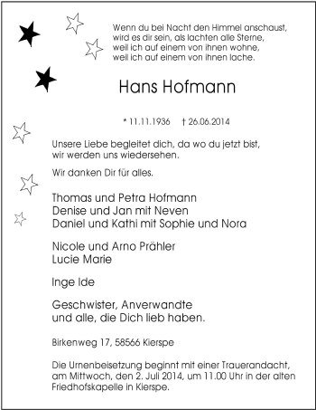 Traueranzeige von Hans Hofmann