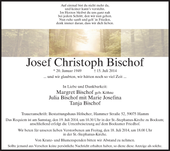 Traueranzeige von Josef Bischof