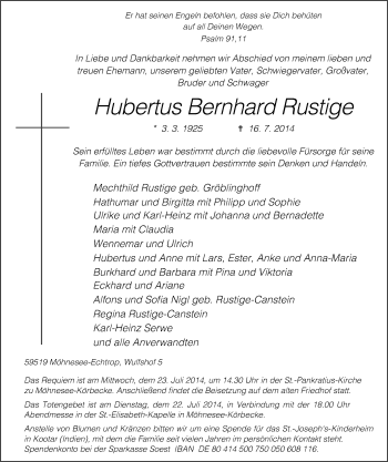 Traueranzeige von Hubertus Bernhard Rustige