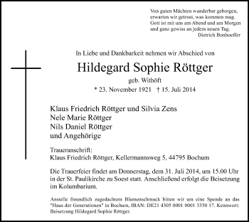Traueranzeige von Hildegard Sophie Röttger