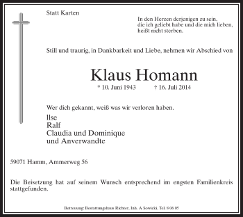 Traueranzeige von Klaus Homann