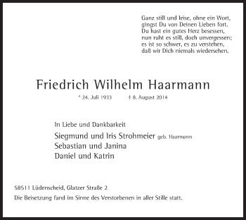 Traueranzeige von Friedrich Wilhelm Haarmann