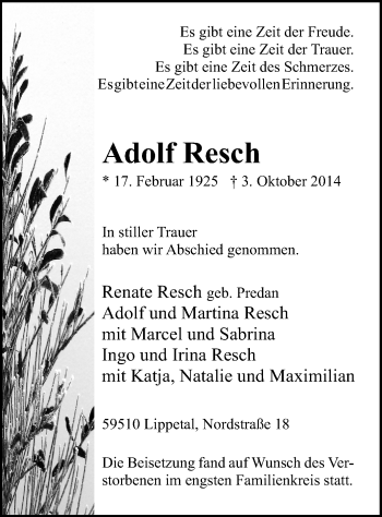 Traueranzeige von Adolf Resch