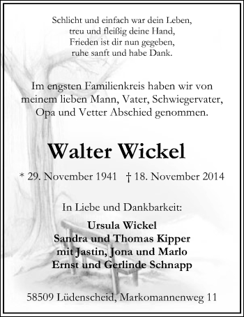 Traueranzeige von Walter Wickel