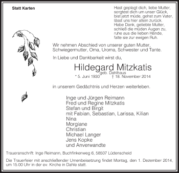 Traueranzeige von Hildegard Mitzkatis