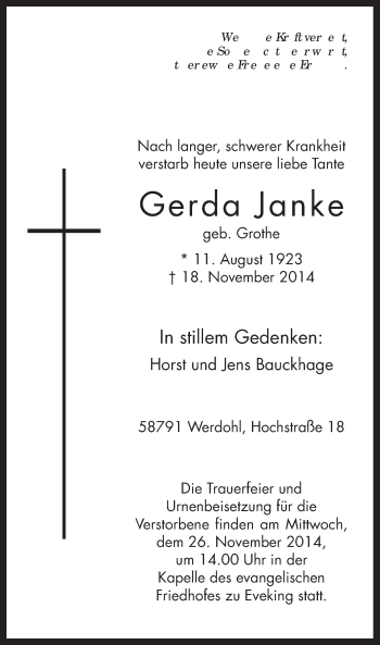 Traueranzeige von Gerda Janke