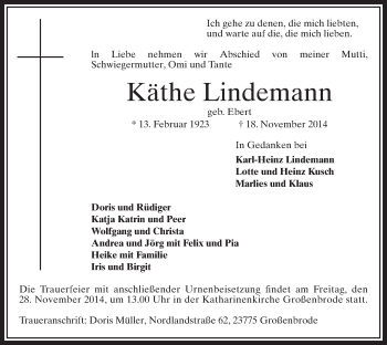 Traueranzeige von Käthe Lindemann