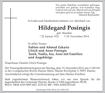 Traueranzeige von Hildegard Posingis