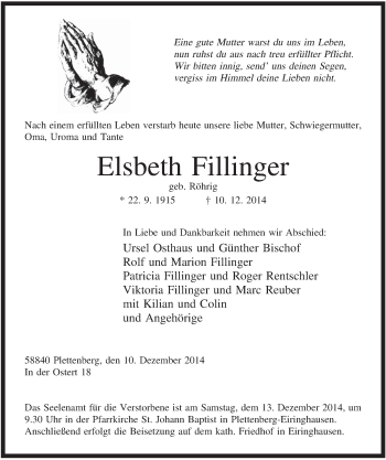 Traueranzeige von Elsbeth Fillinger