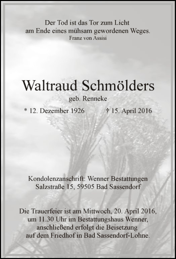 Traueranzeige von Waltraud Schmölders