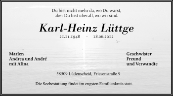 Traueranzeige von Karl-Heinz Lüttge