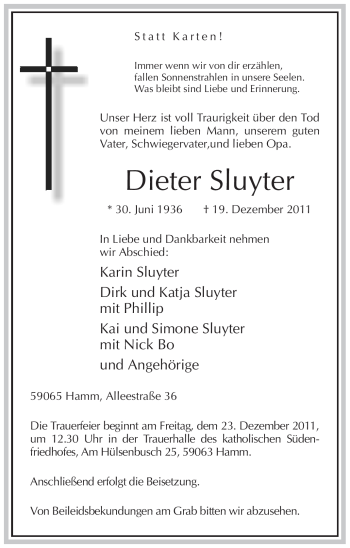 Traueranzeige von Dieter Sluyter