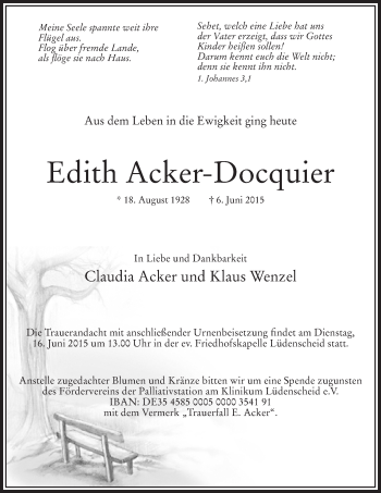 Traueranzeige von Edith Acker-Docquier