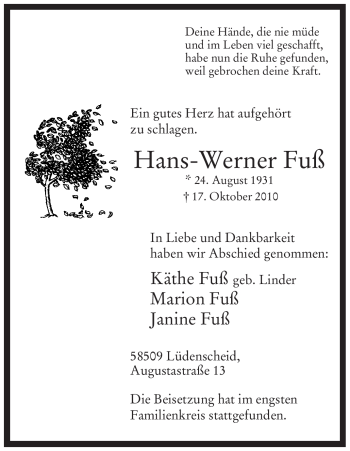 Traueranzeige von Hans-Werner Fuß