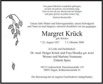 Traueranzeige von Margret Krück
