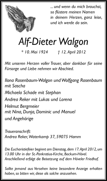 Traueranzeige von Alf-Dieter Walgon
