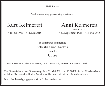 Traueranzeige von Kurt und Anni Kelmereit
