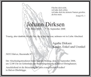 Traueranzeige von Johann Dirksen
