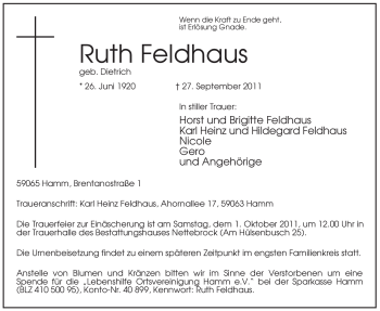 Traueranzeige von Ruth Feldhaus