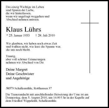 Traueranzeige von Klaus Lührs