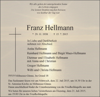 Traueranzeige von Franz Hellmann