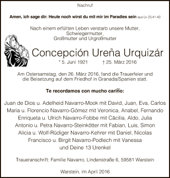 Traueranzeige von Concepción Urena Urquizár