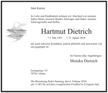 Traueranzeige von Hartmut Dietrich