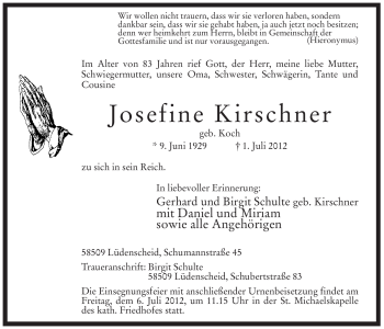 Traueranzeige von Josefine Kirschner