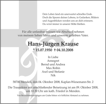Traueranzeige von Hans-Jürgen Krause