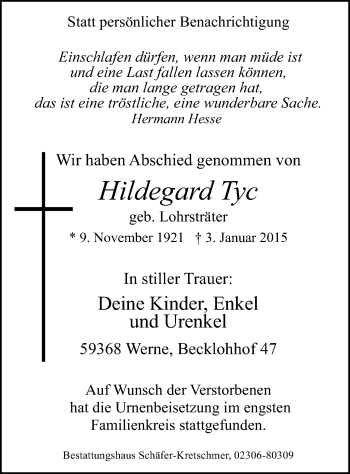 Traueranzeige von Hildegard Tyc