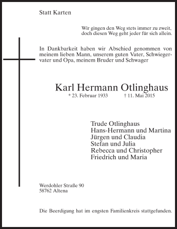 Traueranzeige von Karl Hermann Otlinghaus