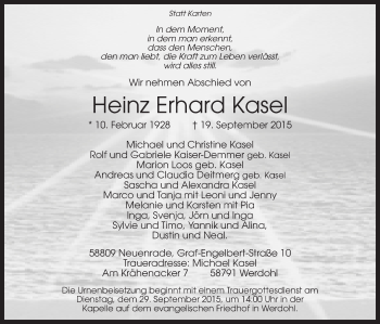 Traueranzeige von Heinz Erhard Kasel