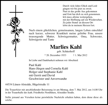 Traueranzeige von Marlies Kahl