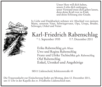 Traueranzeige von Karl-Friedrich Rabenschlag