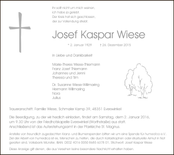 Traueranzeige von Josef Kaspar Wiese