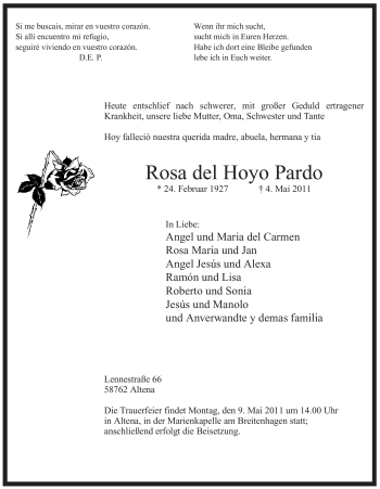 Traueranzeige von Rosa Hoyo Pardo