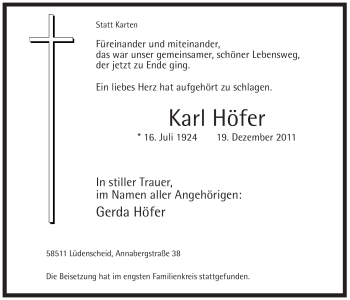 Traueranzeige von Karl Höfer