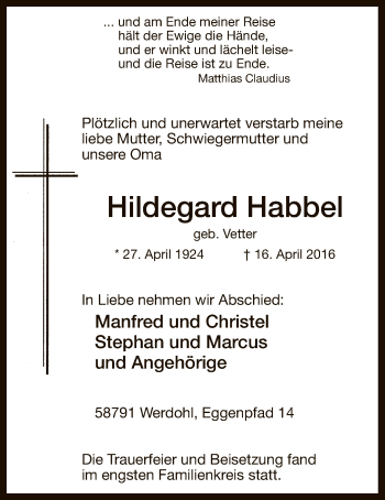 Traueranzeige von Hildegard Habbel