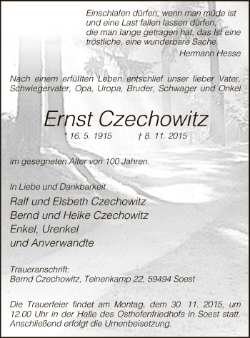 Traueranzeige von Ernst Czechowitz