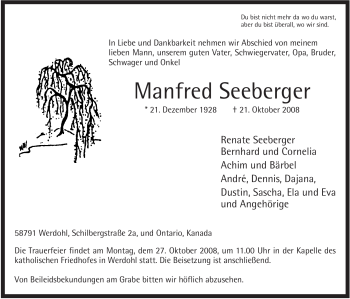 Traueranzeige von Manfred Seeberger