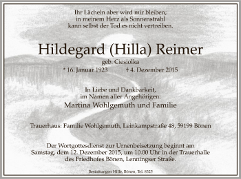 Traueranzeige von Hildegard Reimer