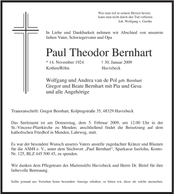 Traueranzeige von Paul Theodor Bernhart