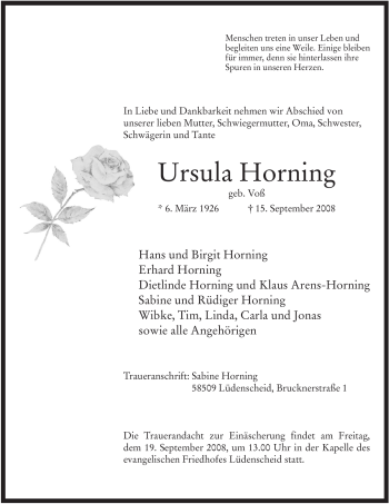 Traueranzeige von Ursula Horning