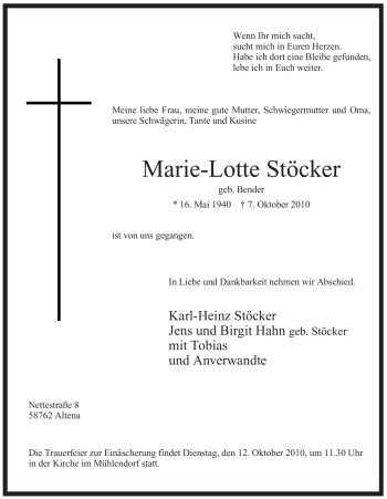 Traueranzeige von Marie-Lotte Stöcker