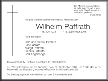 Traueranzeige von Wilhelm Paffrath